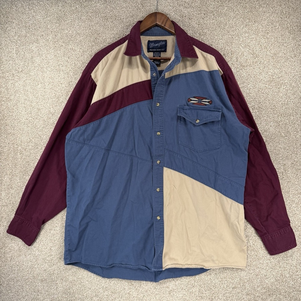 VTG Wrangler XLT 90s Heavy Cotton Shirt Pearl Snap Aztec Southwest Rodeo Retro